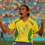 Marta #10 for Brazil celebrates a goal against Australia in the women's football preliminary match on August 11, 2004 during the Athens 2004 Summer Olympic Games at Kaftanzoglio Stadium in Thessaloniki, Greece.