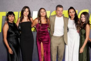 Alexia Barroso, Isabella Damon, Gia Damon, Matt Damon, Luciana Barroso and Stella Damon attend the premiere of "The Instigators" in New York.