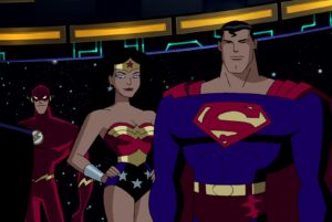 Superman, Wonder Woman, and The Flash stand on the bridge of the Watchtower, with outer space behind them, in Justice League Unlimited.