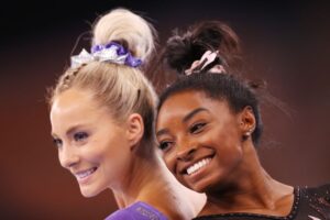 MyKayla Skinner and Simone Biles pose ahead of the Tokyo 2020 Olympic Games at the Ariake Gymnastics Centre on July 22, 2021, in Tokyo.