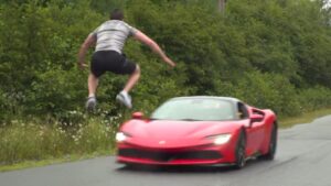 Nick Eh 30 mocks IShowSpeed by editing himself jump over Ferrari