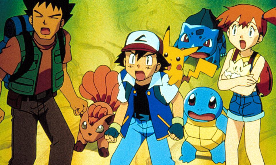 Pokemon characters Brock, Ash Ketchum, Pikachu, and Misty in Pokemon: The First Movie