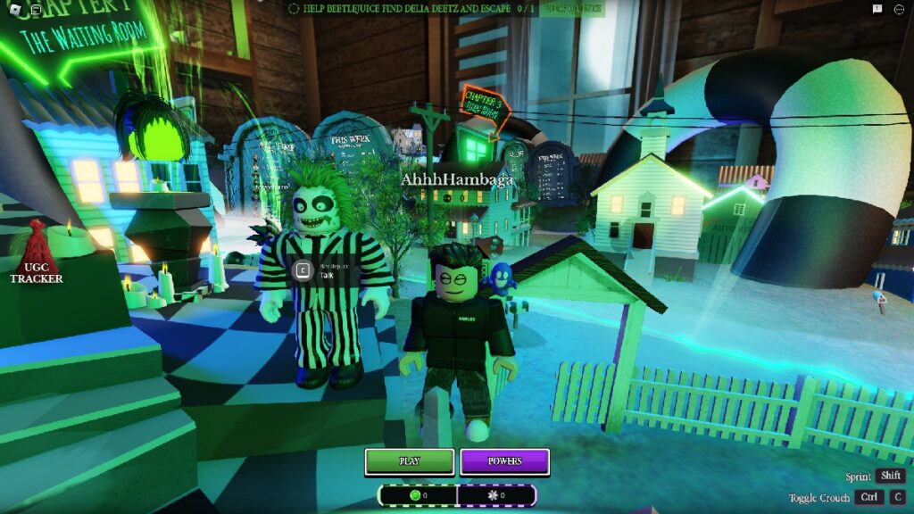 My Robloxian next to Beetlejuice in Beetlejuice: Escape the Afterlife in an article talking about how players can purchase a ticket to the upcoming film