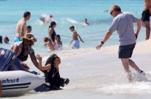 Salma Hayek took a hard fall while stepping off a boat in Spain