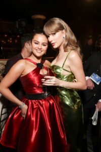 Selena Gomez and Taylor Swift at the 81st Annual Golden Globe Awards, airing live from the Beverly Hilton in Beverly Hills, California, on Sunday, January 7, 2024, at 8 PM ET/5 PM PT, on CBS and streaming on Paramount+. Photo: Todd Williamson/CBS via Getty Images)