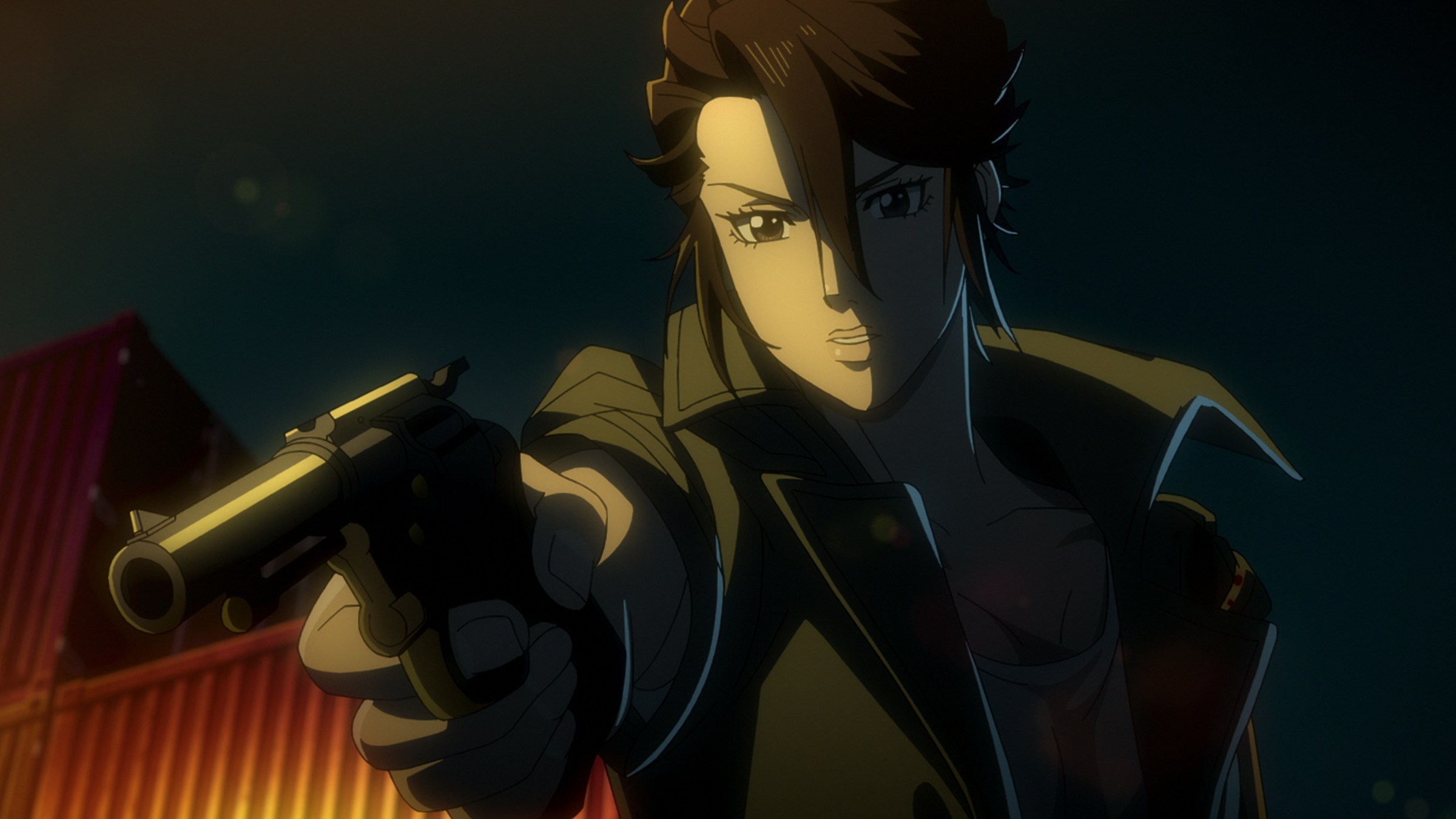 An anime woman aiming a pistol in Terminator Zero.