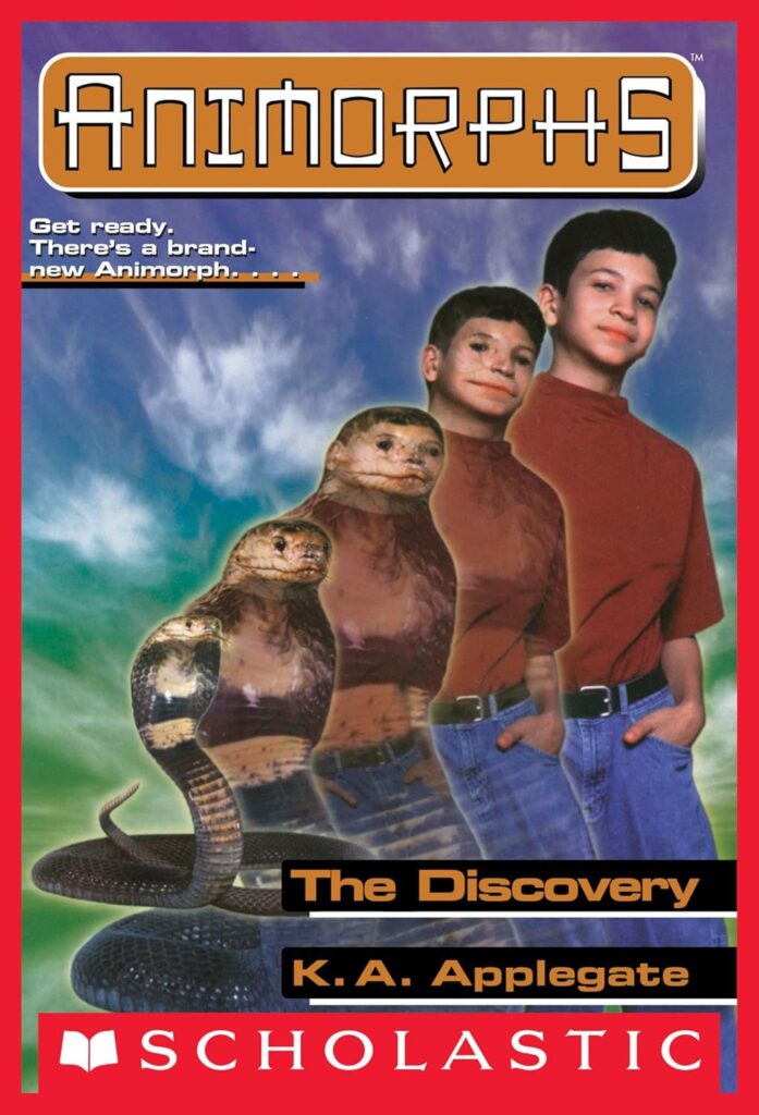 The cover of Animorphs “The Discovery” which shows a person in a red shirt transforming into a cobra