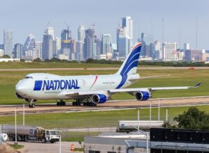 Boeing 747 takes off from the runway at Austin-Bergstrom International Airport