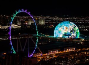 MSG Sphere and High Roller  illuminated at night in Las Vegas