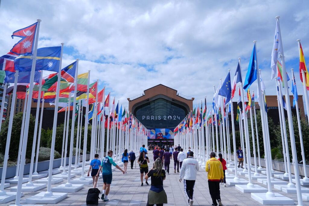 Exterior view of a restaurant in the Olympic Village during the media open day on July 23, 2024, in Paris, France. The Paris Olympics will be held from July 26 to August 11. (Photo by Zhao Wenyu/China News Service/VCG via Getty Images)