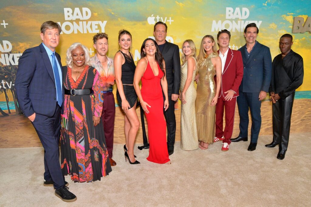 Showrunner and Executive Producer Bill Lawrence, L. Scott Caldwell, Alex Moffat, Charlotte Lawrence, Natalie Martinez, Vince Vaughn, Meredith Hagner, Michelle Monaghan, Zach Braff, Rob Delaney, and Ronald Peet arrive at the Premiere for Apple TV+'s Series "Bad Monkey"