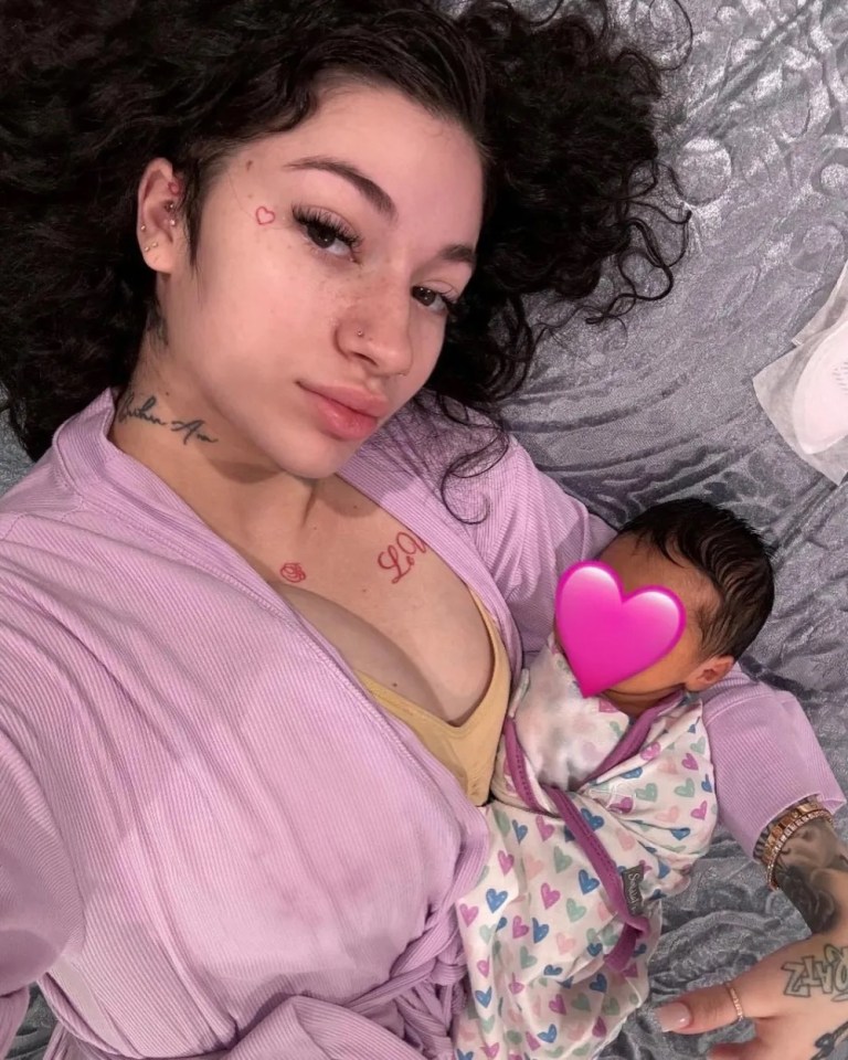 Bhad Bhabie poses with her newborn daughter after giving birth in March