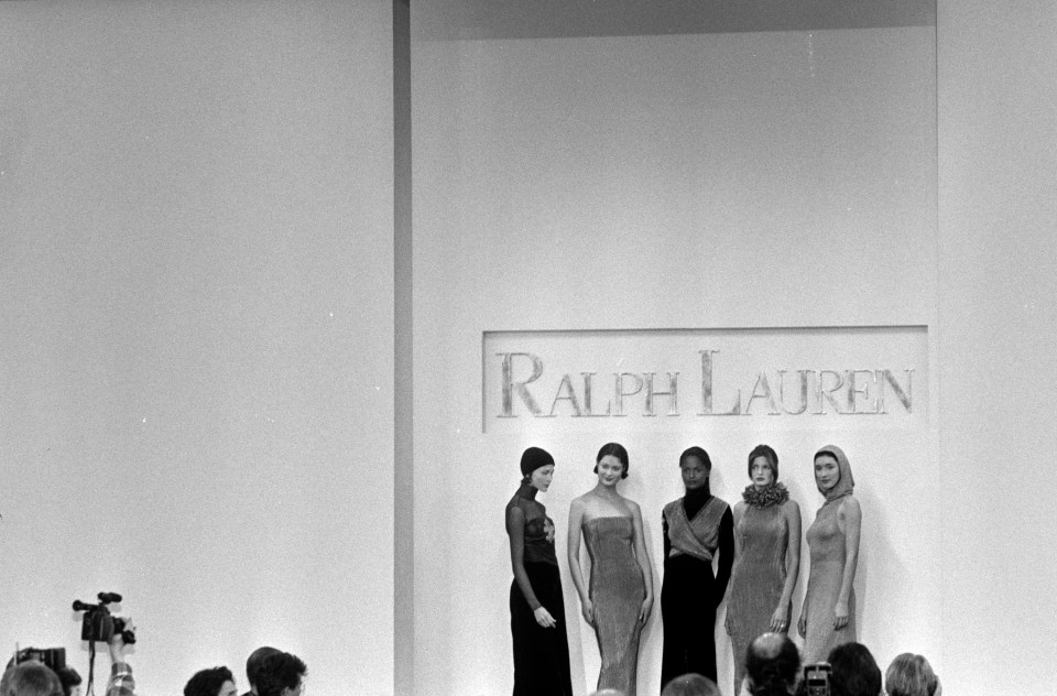 Models Shalom Harlow, Christy Turlington, Karen Alexander, and Stephanie Seymour walk the ramp for Ralph Lauren in 1994