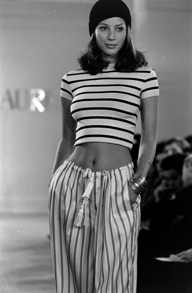 Model Christy Turlington wearing one of Ralph Lauren's American-inspired designs during the SS'93 ready-to-wear runway show