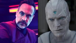 Todd Stashwick in Star Trek: Picard (L) and Paul Bettany as the Vision in the MCU (R)