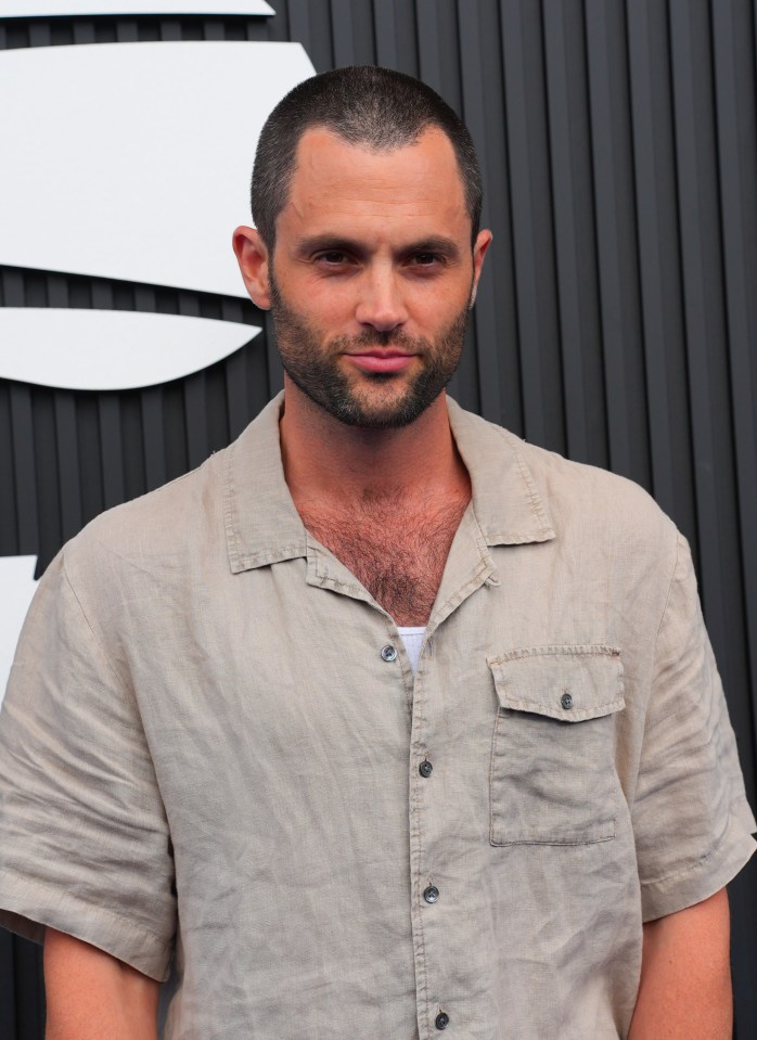 Penn Badgley debuts his buzzcut hairstyle on the US Open's Celebrity Blue Carpet on September 7 in New York City