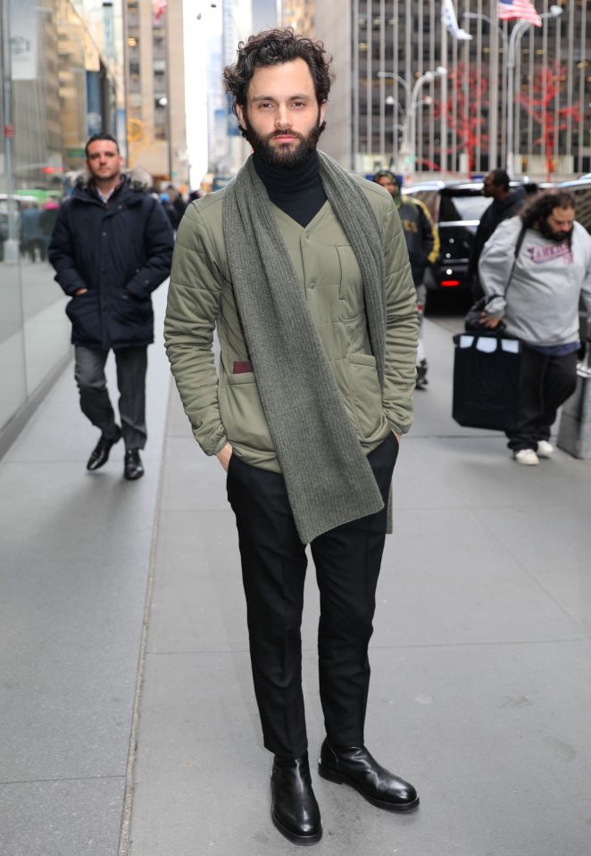 Penn Badgley, pictured in 2020, is seen posing around Rockefeller Center in New York City