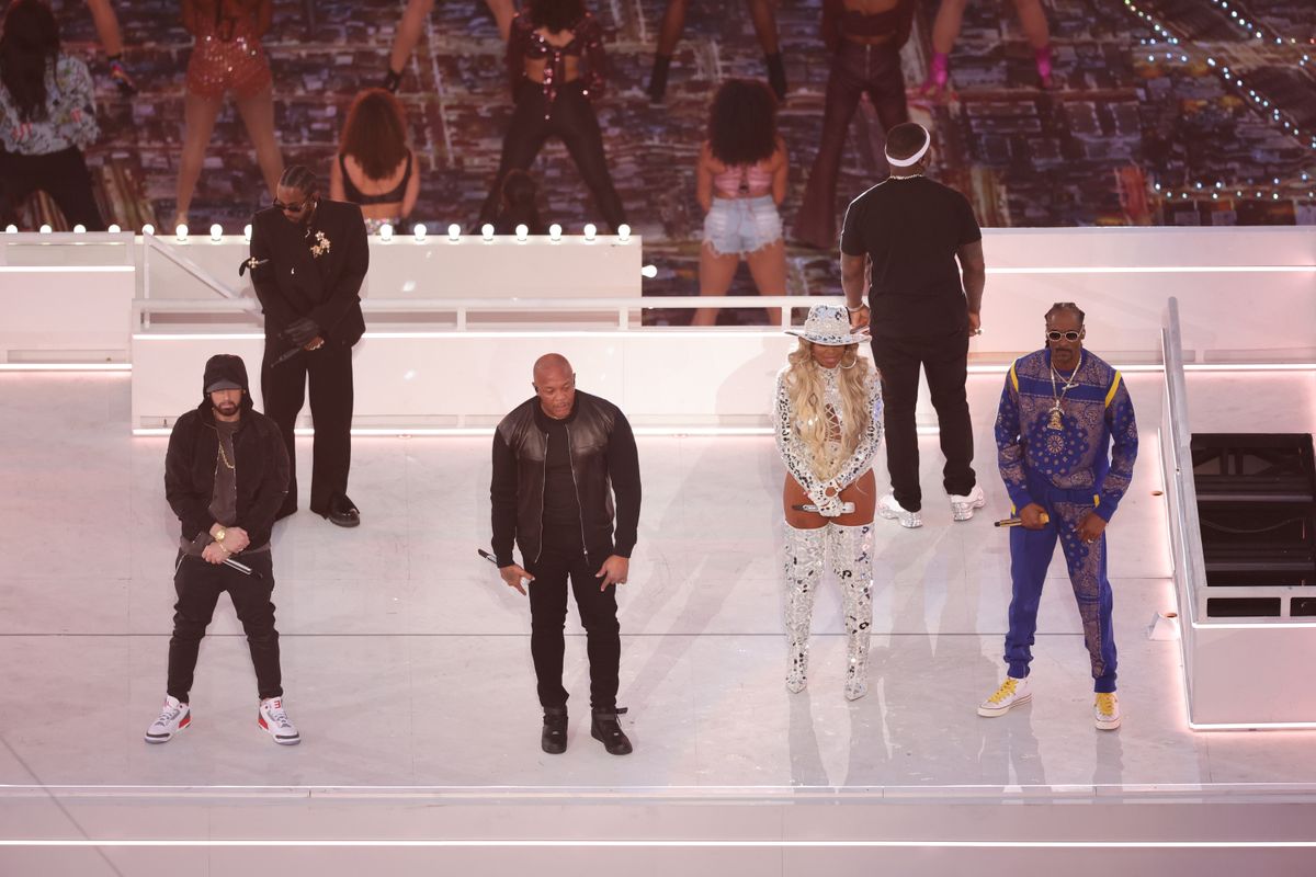 Eminem, Kendrick Lamar, Dr. Dre, Mary J. Blige, 50 Cent, and Snoop Dogg perform during the Pepsi Super Bowl LVI Halftime Show at SoFi Stadium on February 13, 2022 in Inglewood, California. 