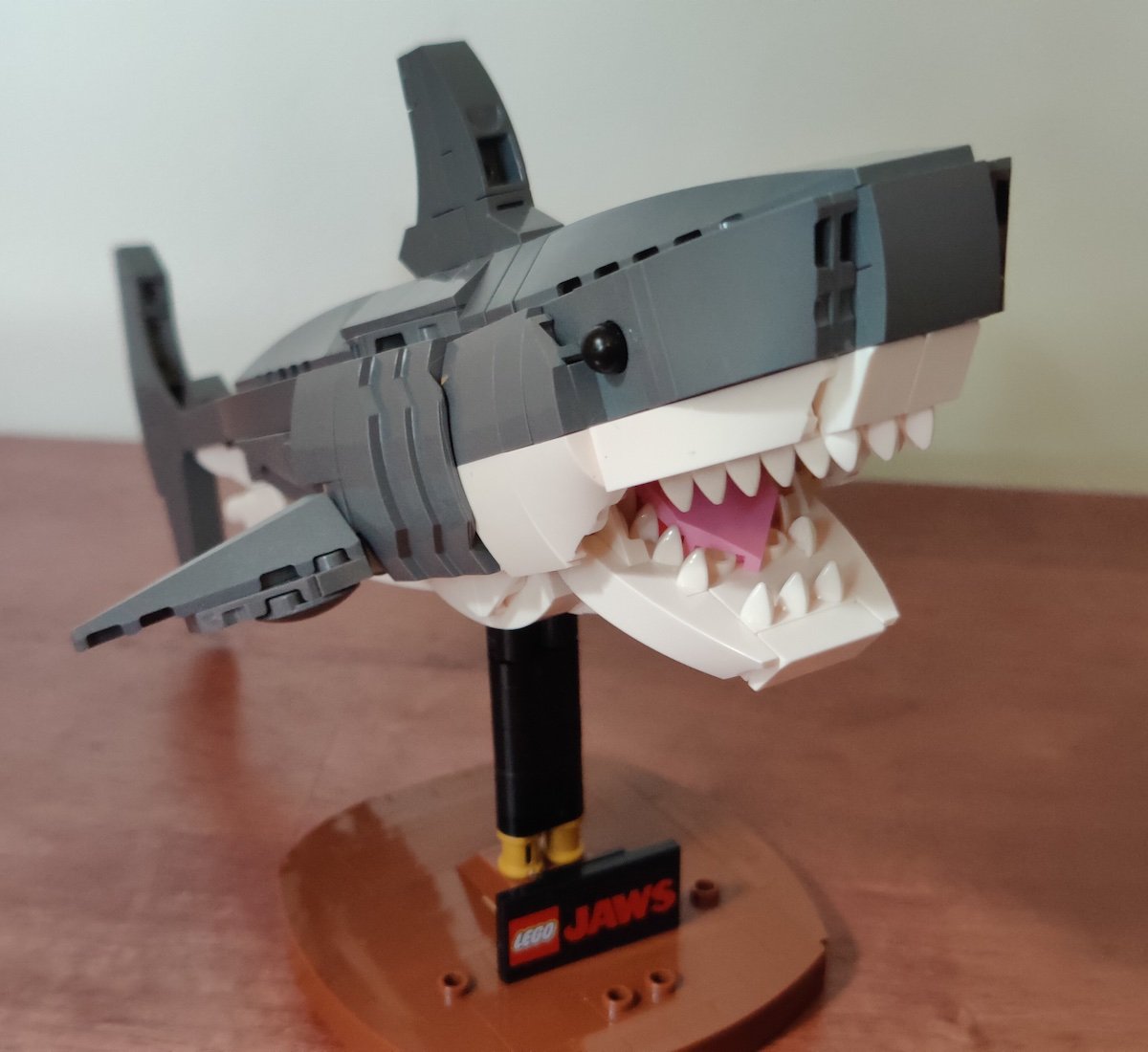 A Lego shark on display from the LEGO Jaws Set