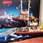 The LEGO Jaws Set fully built in front of the box