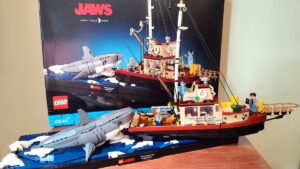 The LEGO Jaws Set fully built in front of the box