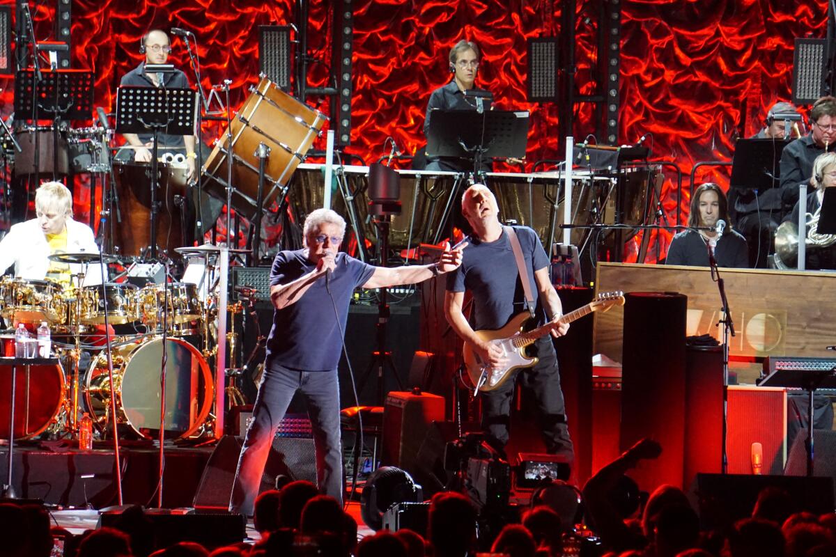  Roger Daltrey and guitarist Pete Townshend of The Who performing at the Hollywood Bowl.