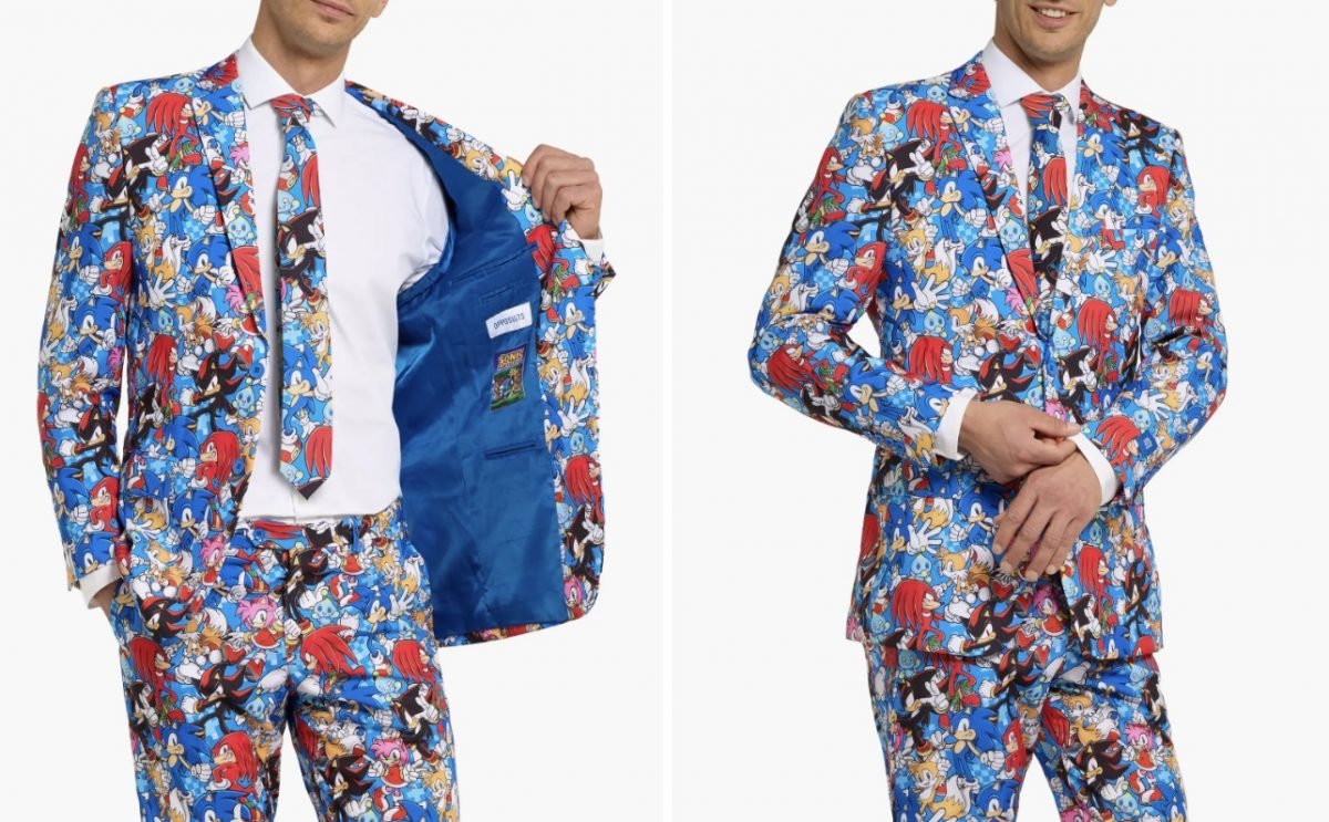 Two closeups of a man wearing a Sonic the Hedgehog two-piece suit and tie with one where the jacket is opened and the other closed