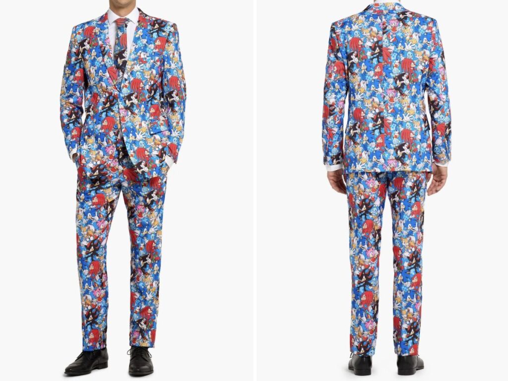 Two front-facing images of an unseen man  wearing a Sonic the Hedgehog two-piece suit and tie