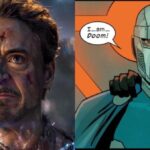 Tony Stark at the moment of the Snap and a comic version of doctor doom in ultimates marvel comics run