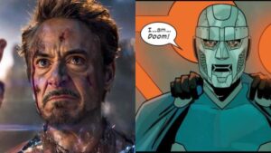 Tony Stark at the moment of the Snap and a comic version of doctor doom in ultimates marvel comics run