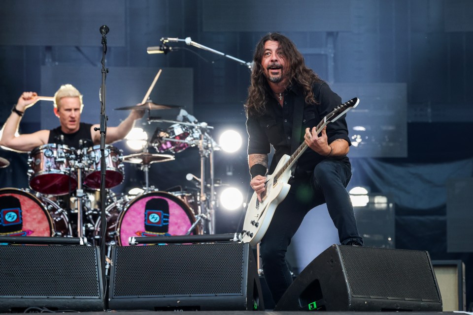 Josh Freese (L) and Dave Grohl of The Foo Fighters perform on stage at London Stadium on June 20, 2024 in London, England