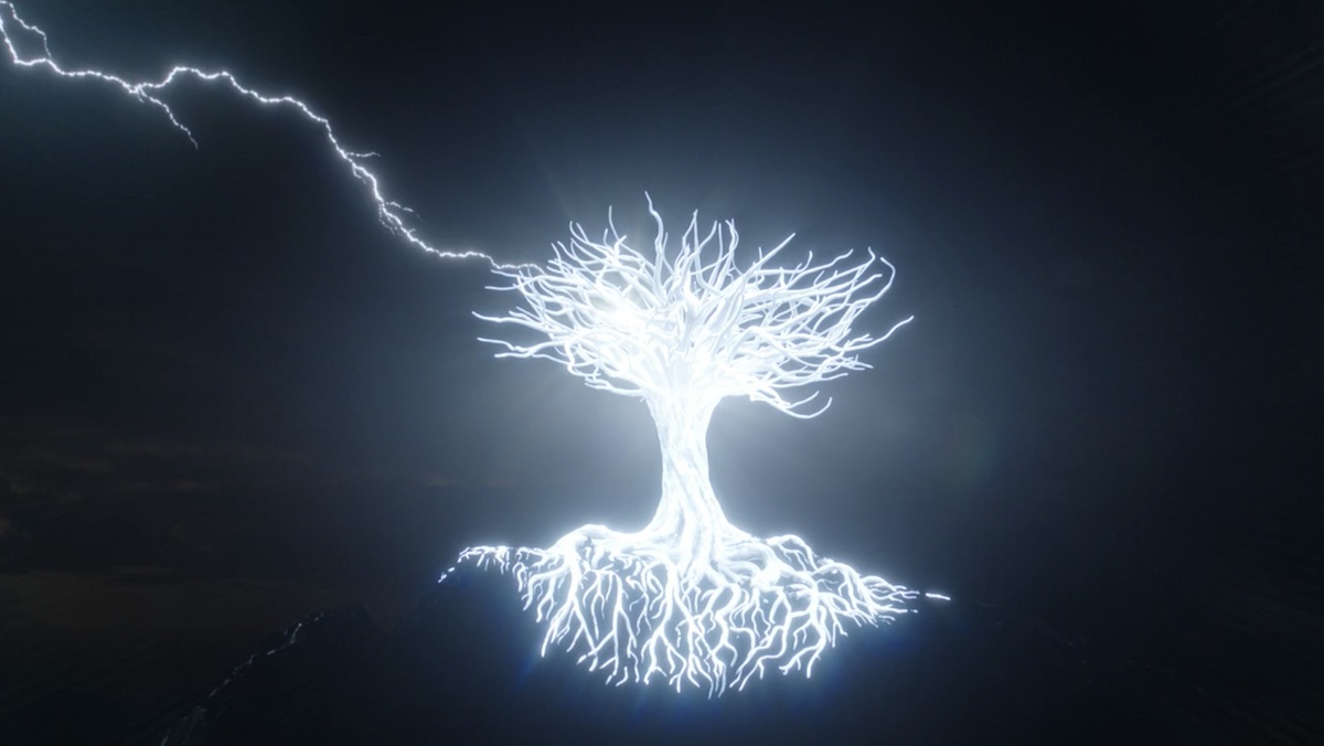 A tree on the Misty Mountains turns white with a lighting strike on The Rings of Power