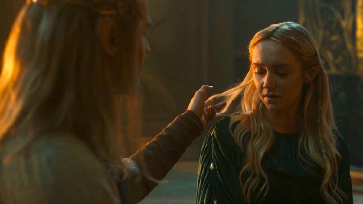 Sauron touching Mirdania's hair in a The Rings of Power Haladriel scene