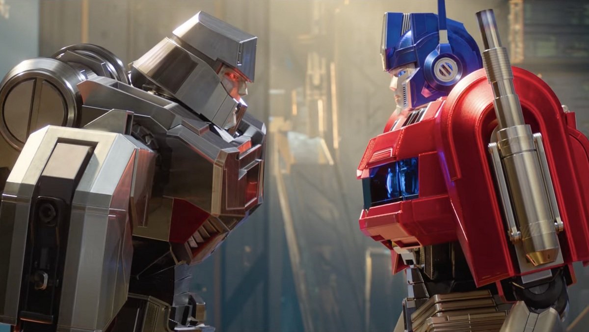 Megatron stares down Optimus Prime in Transformers One.