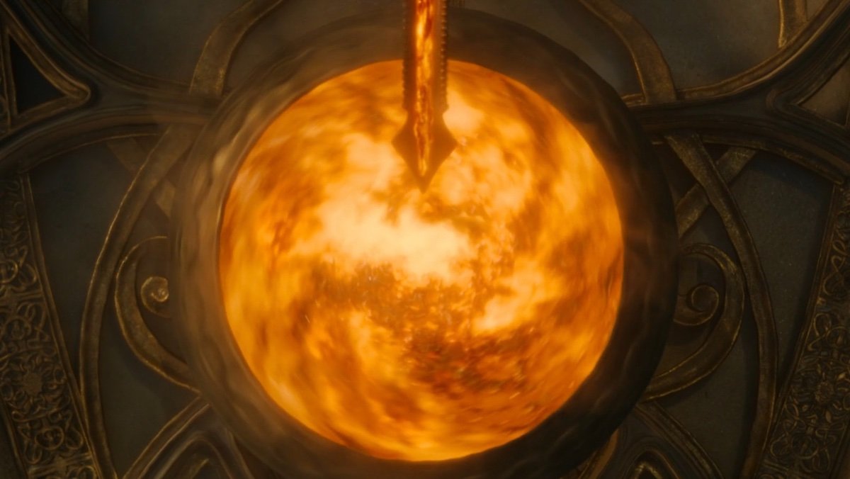 A swirling lit forge on The Rings of Power