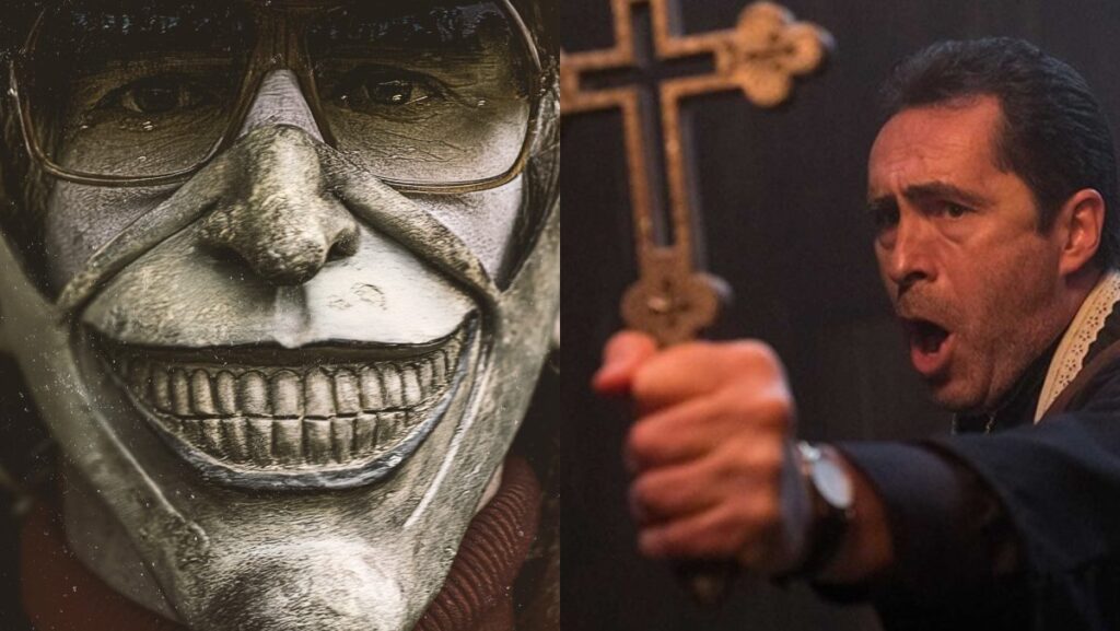 split image of the black phone grabber mask and Demián Bichir in the nun