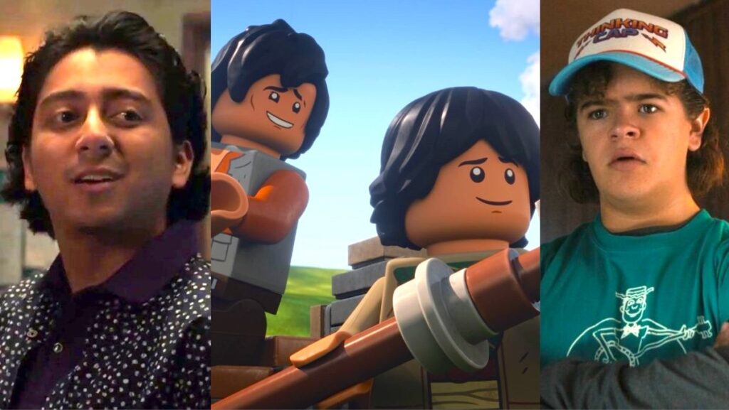 flash thompson, sig and dev greebling, and dustin henderson from spider-man, lego star wars rebuild the galaxy, and stranger things