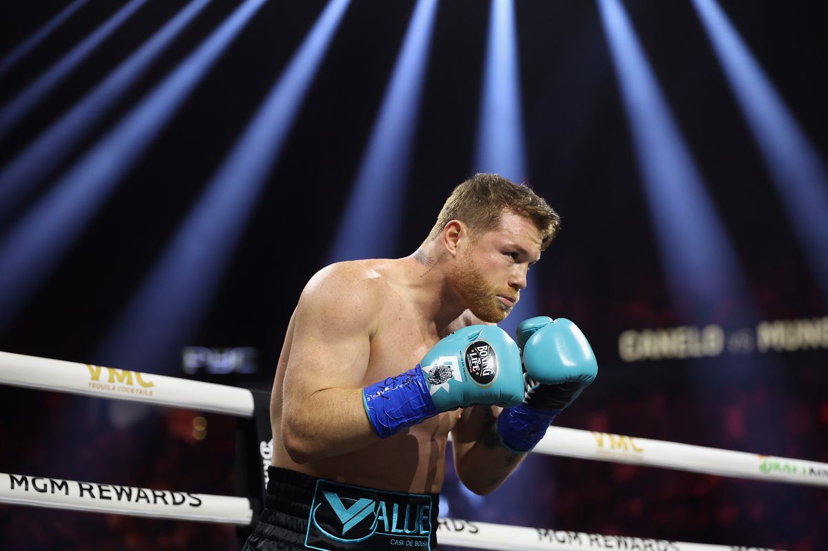 Canelo Alvarez fights Jaime Munguia during their undisputed super middleweight championship fight at T-Mobile Arena on May 04, 2024 in Las Vegas, Nevada. Alvarez retained his titles unanimously.  (Photo by Christian Petersen/Getty Images)