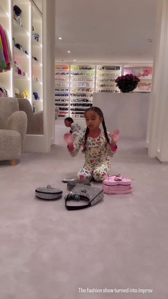 Dream Kardashian playing with several of Khloe's Prada handbags