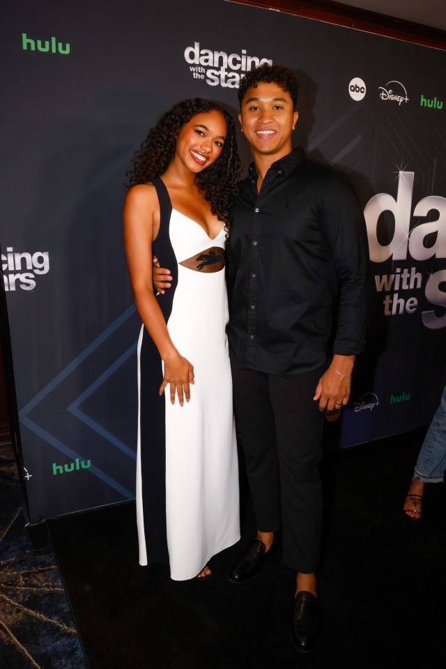 Chandler Kinney and Brandon Armstrong pose during the post-cast reveal press line in New York for DWTS