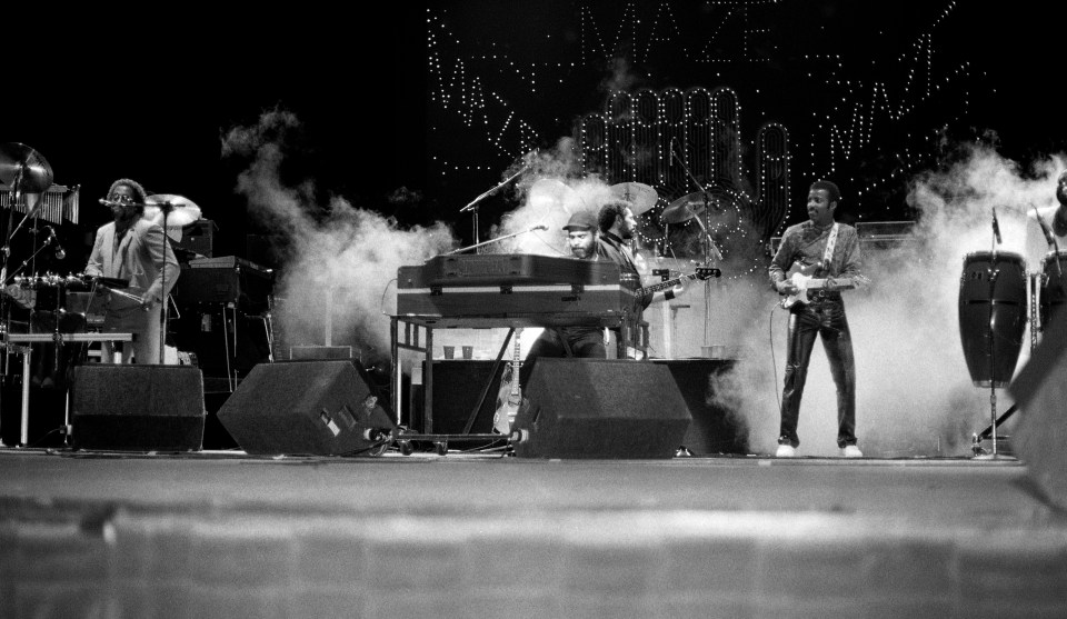 Singers and musicians McKinley ‘Bug’ Williams, Frankie Beverly (Howard Beverly), Robin Duhe, and Wuane Thomas of Maze at the Arie Crown Theater in Chicago, Illinois in 1986