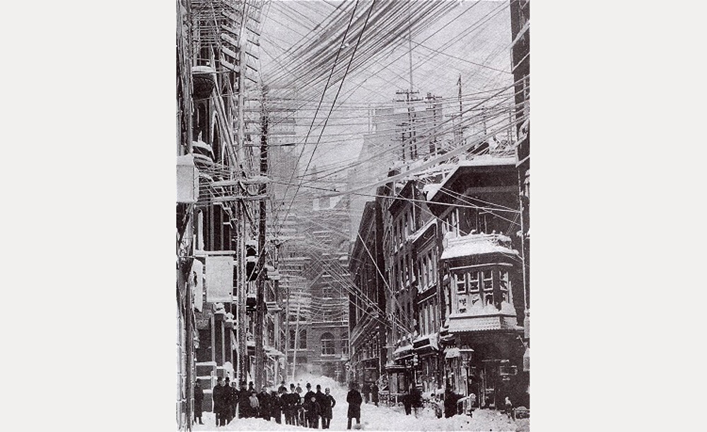 Streets in New York City as the storm hit. Many overhead wires broke and presented a hazard to city dwellers.