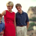 Elizabeth Debicki flanked by Fflyn Edwards and Rufus Kampa outdoors in "The Crown."