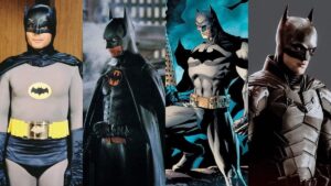 From L to R: Batman '66 Adam West, Batman '89 Michael Keaton, Jim Lee's comic book Batman, and Robert Pattinson in The Batman.