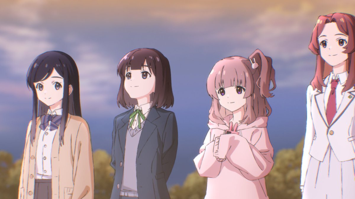 Four girls looking at the rising sun: a girl with long dark hair, a girl with a short bob, a short girl in an oversized pink sweater, and a tall girl with long curly hair. In Trapezium.