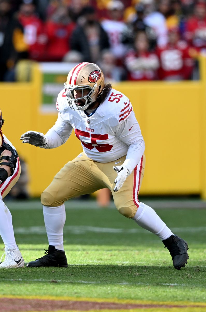 Jon Feliciano #55 of the San Francisco 49ers blocks against the Washington Commanders at FedExField on December 31, 2023 in Landover, Maryland. (Photo by G Fiume/Getty Images)