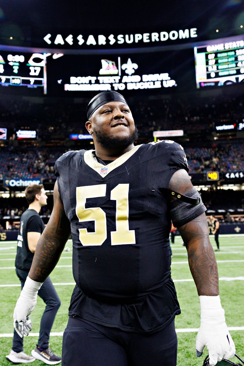 Cesar Ruiz, #51 of the New Orleans Saints, walks off the field after a game against the Chicago Bears at Caesars Superdome on November 5, 2023, in New Orleans, Louisiana. The Saints defeated the Bears 24-17. (Photo by Wesley Hitt/Getty Images)