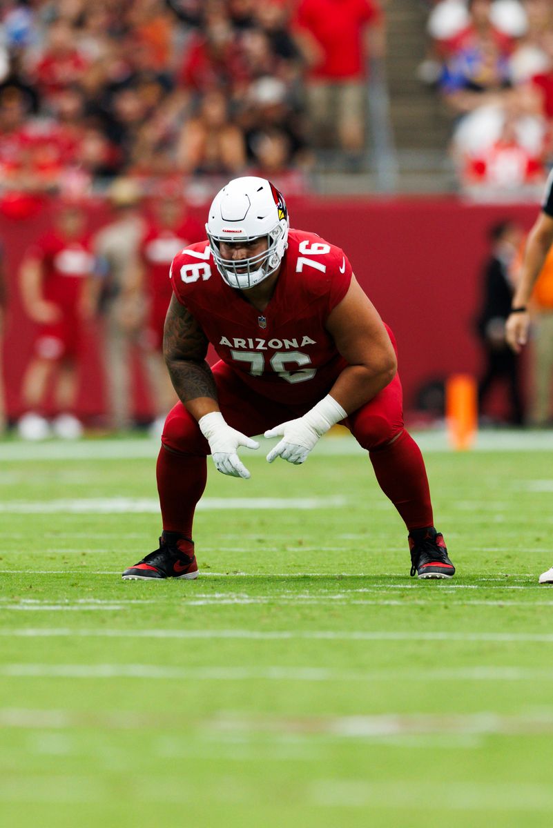 Will Hernandez is #76 of the Arizona Cardinals in an offensive stance during a game against the Los Angeles Rams at State Farm Stadium on September 15, 2024, in Glendale, Arizona. (Photo by Ric Tapia/Getty Images)