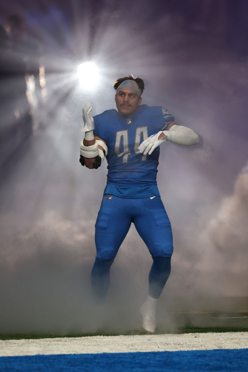 Malcolm Rodriguez,, #44 of the Detroit Lions,, takes to the field for the start of the game against the Minnesota Vikings at Ford Field on December 11, 2022, in Detroit, Michigan. (Photo by Gregory Shamus/Getty Images)