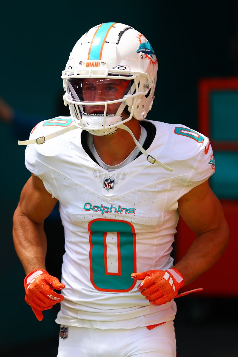 Braxton Berrios #0 of the Miami Dolphins takes the field prior to a game against the Jacksonville Jaguars at Hard Rock Stadium on September 08, 2024, in Miami Gardens, Florida. (Photo by Megan Briggs/Getty Images)